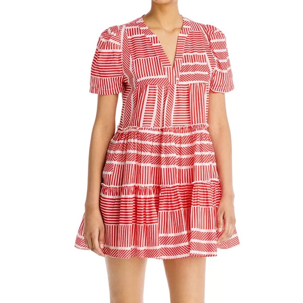 AQUA Women’s Mini Dress Size Large Red White Striped Print V Neck Ruffle Hem